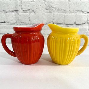 VINTAGE Hazel Atlas MILK GLASS Creamer Pitchers ORANGE & YELLOW Ribbed Platonite